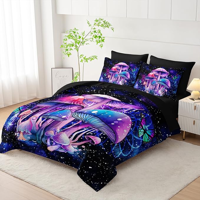 Fantasy Mushrooms Comforter Set Queen,Galaxy Fantasy 7 Pieces Bedding Set for Teens Kids,Light Mushroom Bedding Set 7 Piece in A Bag，Mushroom Bed Comforters Bedding Sets for All Season