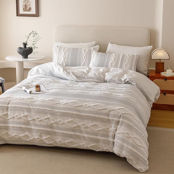 Luxlovery Boho White Comforter Set Twin Teens Kids Farmhouse White Black Jacquard Bedding Set Bohemian Country Blanket Quilts Durable Soft Breathable 3PCS Comforter Set Twin Bed