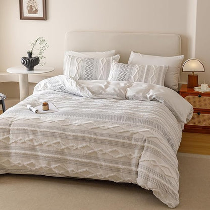 Cottonight White Black Boho Comforter Set Twin Farmhouse Tufted Bedding Set Soft Bohemain Shabby Chic Blanket Quilts Embroidery Rustic Luxury Soft 3PCS Bed Set for Women Men