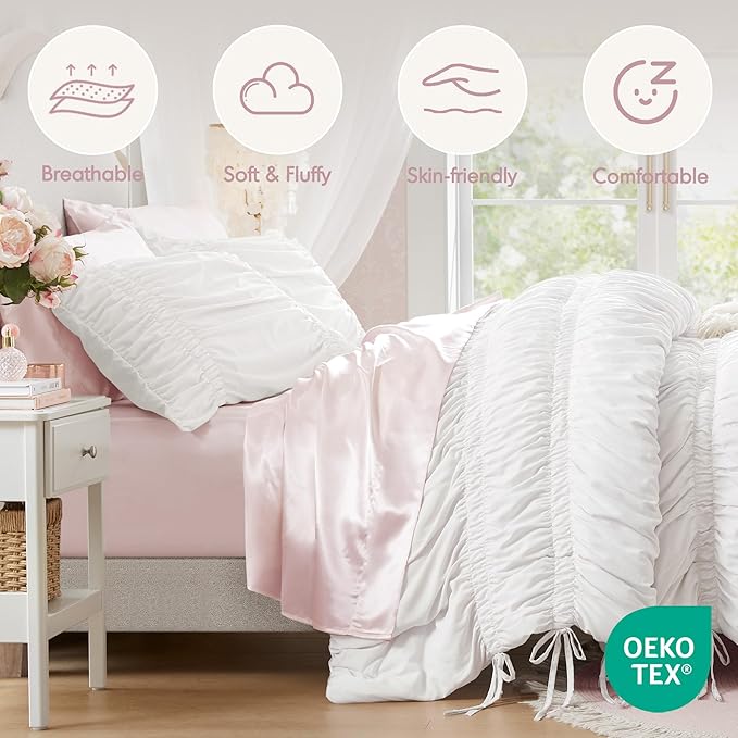 Intelligent Design King Comforter Set Ruched Shabby Chic Comforters for King Size Bed, All Season Lightweight Comforter King, French Country Bedding Set, Shams, Ella, King/Cal King, White, 3 Piece