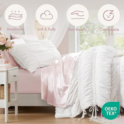 Intelligent Design Queen Comforter Set Ruched Shabby Chic Comforters for Queen Size Bed, All Season Lightweight Comforter Queen French Country Bedding Set, Shams, Ella, Full/Queen, White, 3 Piece