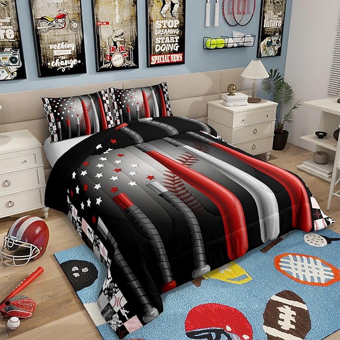 Erosebridal Baseball Comforter Set Twin,Softball American Flag Duvet Insert for Kids Boys Girls,Sports Game Duvet Insert Bedroom Decor,Geometric Stars Striped Down Comforter with 1 Pillow Sham