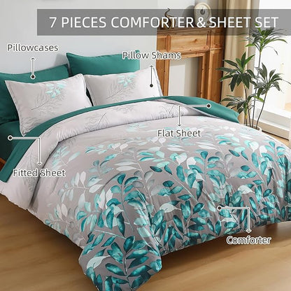 Anibedding Teal Green Floral Comforter Set Queen, 7 Piece Green Botanical Gradient Leaves Ultra Soft Microfiber Down Alternative Bedding Set with Sheets and Bedroom for All Season
