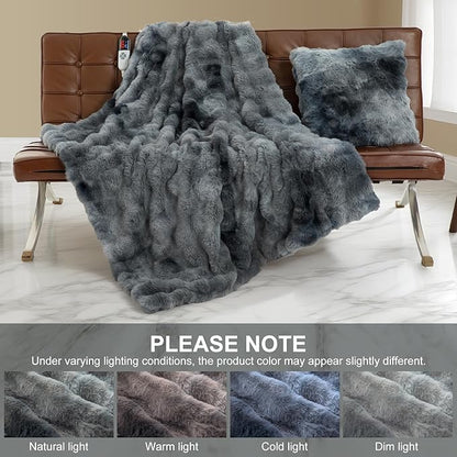 Faux Fur Heated Blanket Twin Size 62"X84" - Bubble Electric Blanket Fluffy Soft Fuzzy with 6 Fast Heating Levels & 10 hrs Timer Settings, Washable & ETL Certified for Office Bed, Tie-Dye Blue