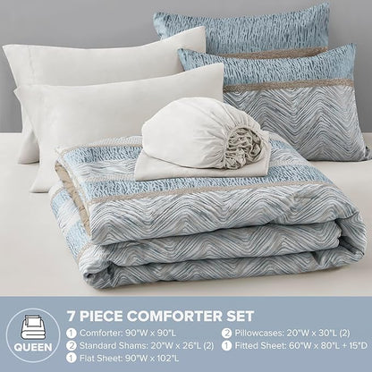Comfort Spaces Blue Queen Comforter Set - 7 Pieces Trendy Modern Jacquard Bedding Sets with Sheets, All Seasons Skin-Friendly, Lightweight & Soft Microfiber Queen Bed Set, Shams, Queen