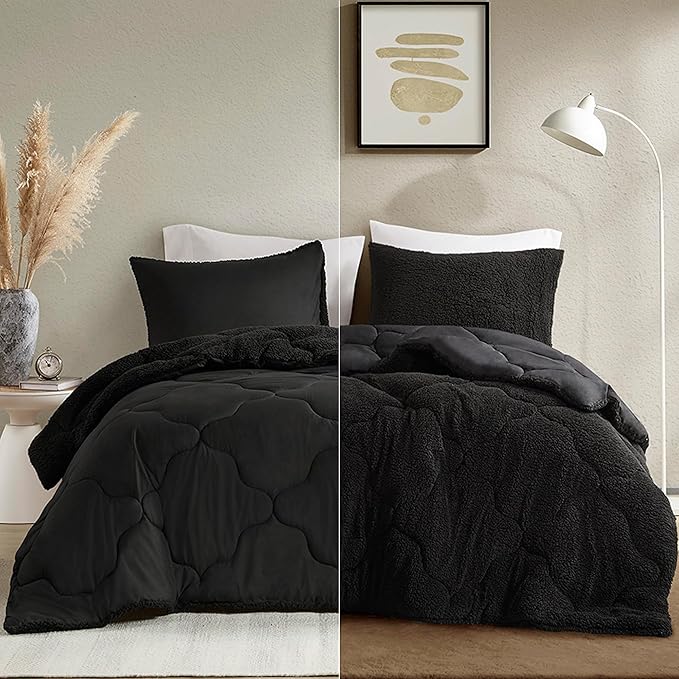 Comfort Spaces Comforter Set, Chic Reversible Quatrefoil Quilting, Sherpa Comforters King, All Seasons, Lightweight Microfiber Bedding Set Matching Sham, Vixie, King Black/Black 3 Piece