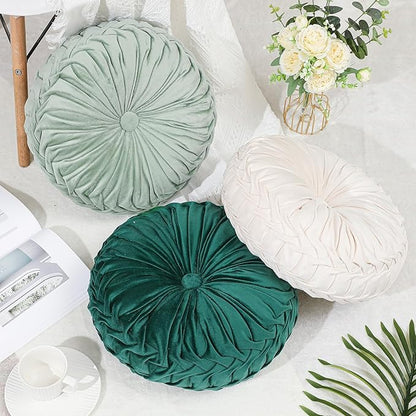 3 Pcs Round Throw Pillows Decorative Velvet Pleated Throw Pillows 15'' Diameter Accent Pumpkin Boho Chair Cushion for Couch Sofa Chair Bed Home Decoration (White,Light Green,Green)