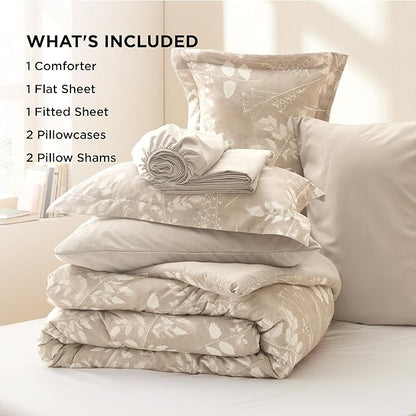 Bedsure Queen Comforter Set - 7 Pieces Floral Beige Soft Bedding Sets, Queen Bed in a Bag with Botanical Flowers Comforter, Sheets, Pillowcases & Shams