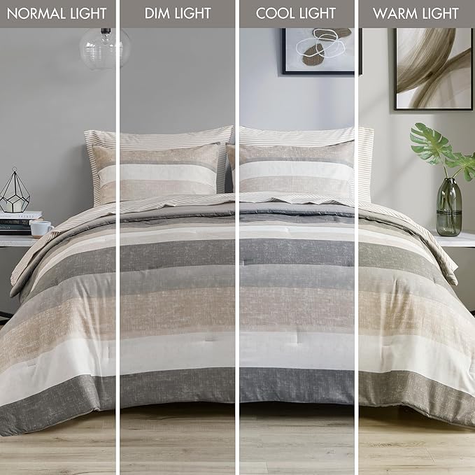 Madison Park Essentials Queen Comforter Set, Bed in A Bag Comforter & Sheet Set, Modern Casual Stripes Print, All Seasons, Soft Microfiber Bedding Makeover, Matching Shams, Queen Taupe/Grey 7 Piece