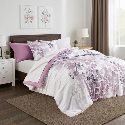Twin Comforter Set Purple Bed Set, 6 Pieces Cute Floral Bedding Set Ultra Soft Botanical Flowers Comforter, Sheets, Pillowcase & Sham