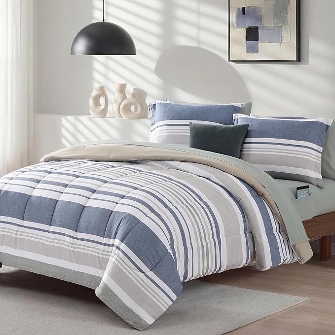 Monbix King Size Comforter Set - 7 Pieces Bed in a Bag King, Ocean Blue-Stripe Bedding Sets, All Seasons Comforter Bed Set with Sheets, Pillowcases & Shams