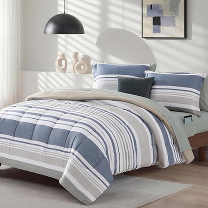 Monbix King Size Comforter Set - 7 Pieces Bed in a Bag King, Ocean Blue-Stripe Bedding Sets, All Seasons Comforter Bed Set with Sheets, Pillowcases & Shams