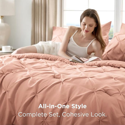 Bedsure Full Comforter Set Dusty Pink - Bed in a Bag Full Size Bedding Set 7 Pieces, GentleSoft™ Pintuck Bed Set Gift for Family, Pinch Pleat All Season Comforter with Sheets, Pillowcases & Shams