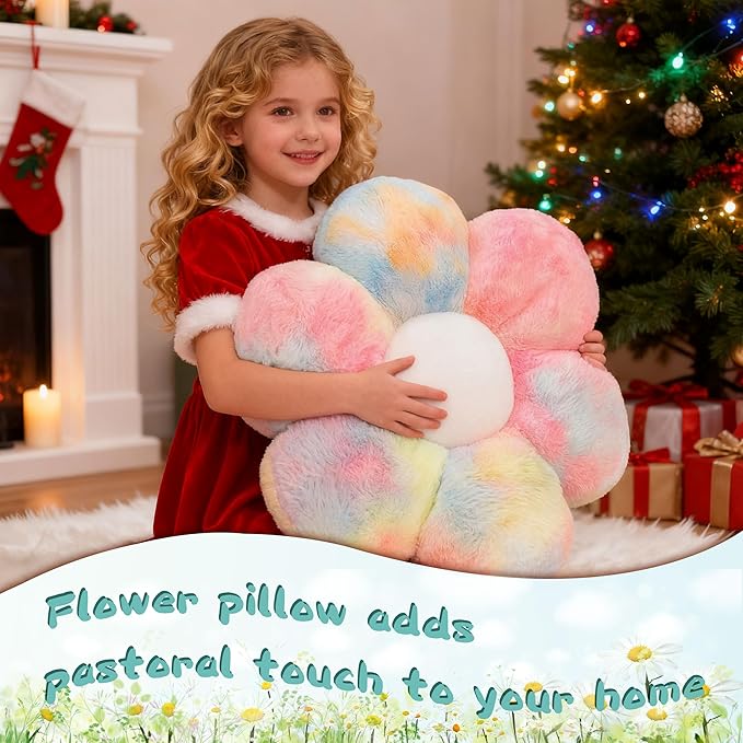 Rainbow Flower Pillow Daisy Flower Shaped Pillow Aesthetic Decor Soft Colorful Plush Floor Seat Cushion Pillows for Sofa Bed Chair Couch