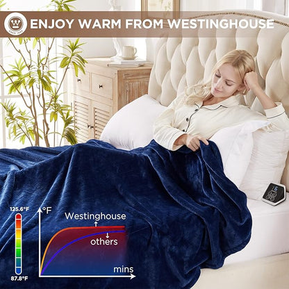 Westinghouse Heated Blanket Twin Size, Electric Heating Blanket with 10 Heating Levels, 1-12 Hours Auto Shut Off, Fast Heating Warming Blanket, Machine Washable (Twin, 62x84 Inches, Navy Blue)