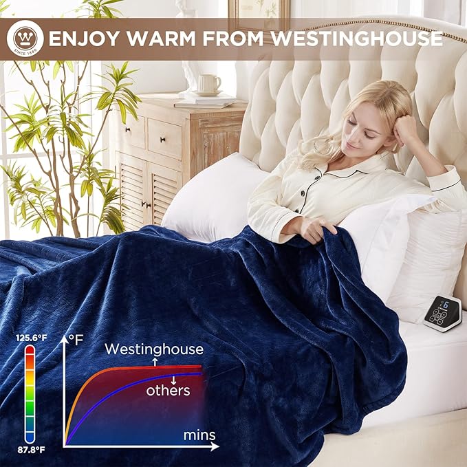 Westinghouse Full Size Electric Heating Blanket, 10 Levels, Auto Shut Off, Fast Heating, Machine Washable (72x84 Inches, Navy Blue)