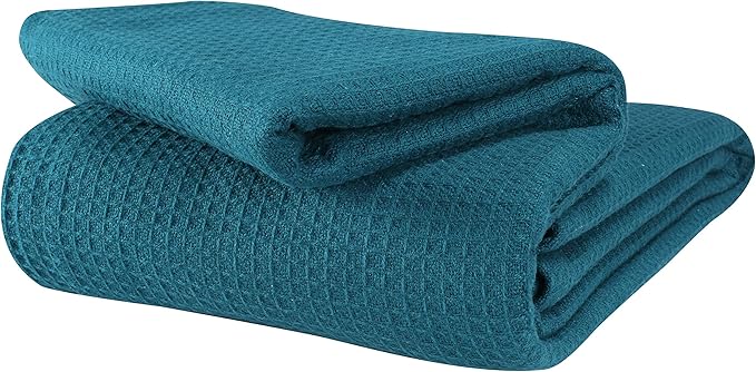 Glamburg 100% Cotton Thermal Blanket, Breathable Waffle Blanket, Queen Size, All Season, Teal