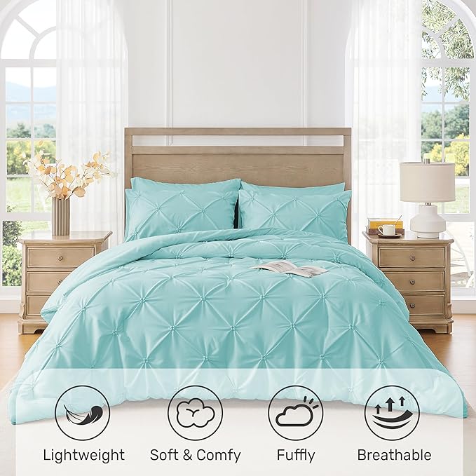 UNIKOME Queen Comforter Set Aqua Blue - Ultra Soft Boho Pintuck Down Alternative Bedding Set for All Seasons, 3 Pieces Lightweight Warm Pinch Pleat Bed Set with Comforter, 2 Pillowcases