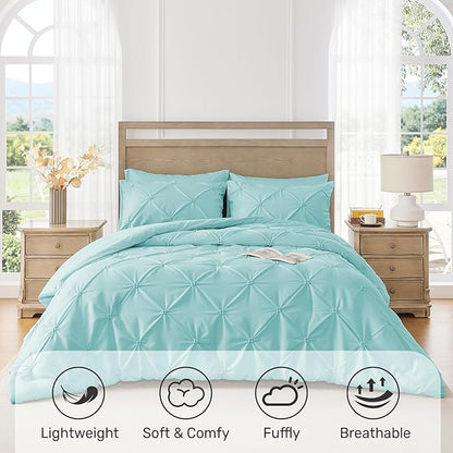 UNIKOME Queen Comforter Set Aqua Blue - Ultra Soft Boho Pintuck Down Alternative Bedding Set for All Seasons, 3 Pieces Lightweight Warm Pinch Pleat Bed Set with Comforter, 2 Pillowcases