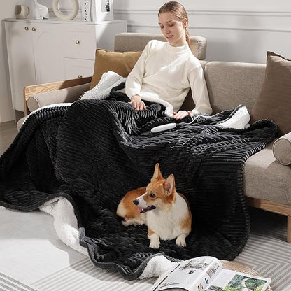 Electric Throw Heated Throw 50''x60'', Striped Flannel & Thicker Sherpa, 5 Heat Settings & 4 Hour Auto Off with FCC/ETL Certified, Overheat Protection & Machine Washable, Great Gift, Charcoal Grey
