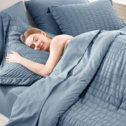 CozyLux Grayish Blue King Size Comforter Set Seersucker 7 Pieces Dusty Blue Bed in a Bag King Comforter Set with Sheets, Luxury Bedding Set with Down Alternative Comforter, Sheets, Pillowcases & Shams