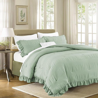 Sage Green Seersucker Comforter Queen Size with Ruffled Edges, Ultra-Soft Sage Green Bedding Set Queen Size 3 Piece Set, Down Alternative Comforter Set(Queen/90 * 90)