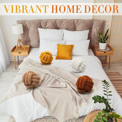 4 Pcs Knot Pillow Ball Soft Sherpa Throw Pillow 8.6'' Decorative Round Accent Pillows Aesthetic Decor Handmade Cushion for Home Couch Bed Sofa Chair(Warm)
