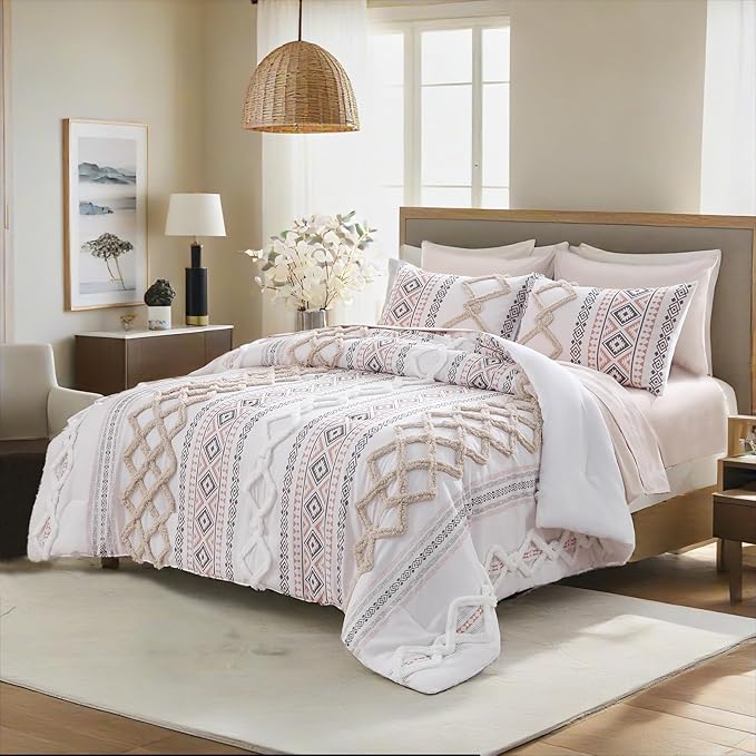 MOVE OVER Beige Tufted Comforter Set Queen Size 5 Pieces Bohemian Style Geometric Tufted Bedding Set Farmhouse Boho Aztec Comforter Set with 2 Decor Pillow Covers for Room Decor