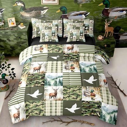 Green Camo King Size Comforter Set with Sheets | Mallard Duck Camo Deer 7-Piece Bedding Set Mens Country Camouflage Bed in a Bag, Woodland Animals Farmhouse Bed Sets,Cabin Duck Hunting Decor
