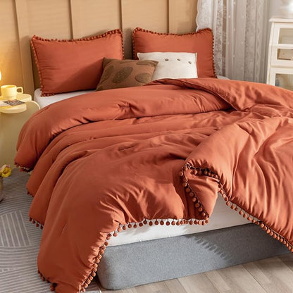 YIRDDEO Full Size Comforter Sets - Full Size Comforter with Ball Pom Fringe, Soft Bedding Set for All Seasons - 3 Pieces, 1 Comforter (79"x90") & 2 Pillow Shams(20"x26"), Terracotta