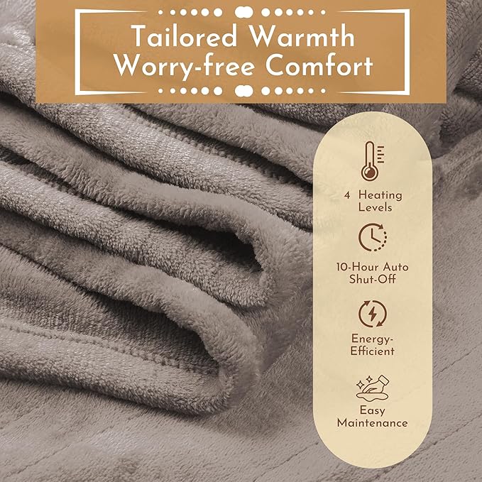 Electric Heated Blanket 62"x84" Twin Size Flannel Heated Blanket, Cozy & Warm for All Night, 4 Heat Settings & 10 Hours Auto Off, Machine Washable, Linen