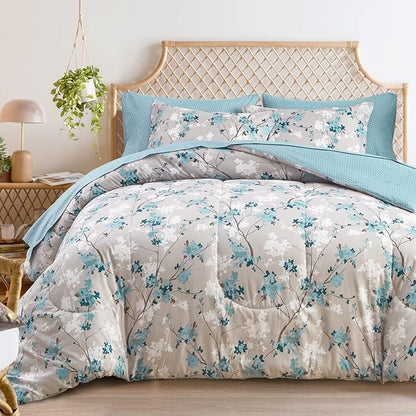 Flysheep Gray Botanical Bed in a Bag King Size 7 Pieces, Aqua Grey Leaves Elegant Floral Comforter Bedding Set All Season(1 Comforter, 1 Flat Sheet, 1 Fitted Sheet, 2 Pillow Shams and 2 Pillowcases)