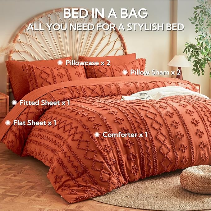 MR&HM Full Size Bed Sheets and Comforter Set Terracotta, 7 Pieces Tufted Boho Beddding Sets, Farmhouse Bed in a Bag with 1 Comforter, 2 Pillow Shams, 2 Pillowcases, 1 Flat Sheet, 1 Fitted Sheet