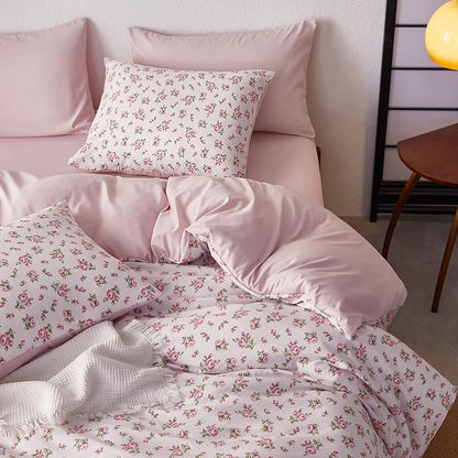 Wake In Cloud - Floral Comforter Set with Sheets, Coquette Cottagecore Aesthetic Flower Shabby Chic Pattern for Women Teen Girls, 7 Pieces Bed in a Bag, Pink, Full Size