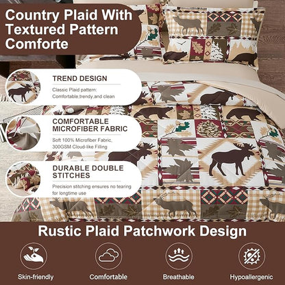 Comforter Set King Size Plaid Patchwork Comforter Bedding-7 Piece Bed in a Bag,Soft Reversible Bear Moose Microfiber Bedding Set(1 Comforter,1 Flat Sheet,1 Fitted Sheet,2 Pillowcases,2 Pillow Shams)