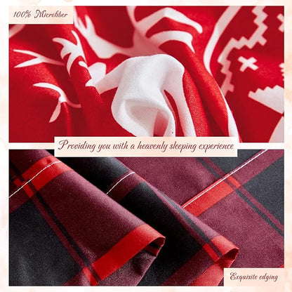 Christmas Red Bed in a Bag 7 Pcs King Size, Elk Deer Xmas Tree and Snowflake Pattern Bedding Comforter Set Warm for Winter(1 Comforter, 1 Flat Sheet, 1 Fitted Sheet, 2 Pillow Shams, 2 Pillowcases)