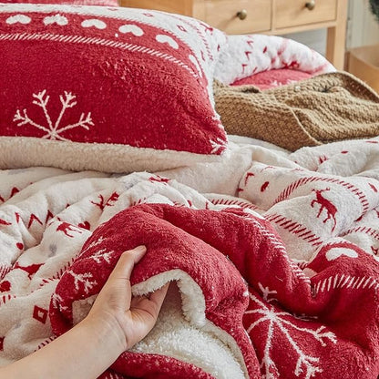 Christmas Sherpa Comforter Set Twin Size 3 Pieces Red Stripes Cream Heart Deer Holiday Winter Bedding Microfiber Warm Fleece Comforter with 2 Pillow Shams - Thanksgiving New Year Gift Choice
