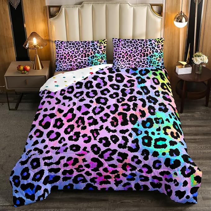 Women Cheetah Printed Bedding Comforters Queen Size, Colorful Leopard Printed Comforter Set Africa Leopard Pattern Decorative for Girls Woman, Soft Microfiber Down Comforter with 2 Pillow Shams