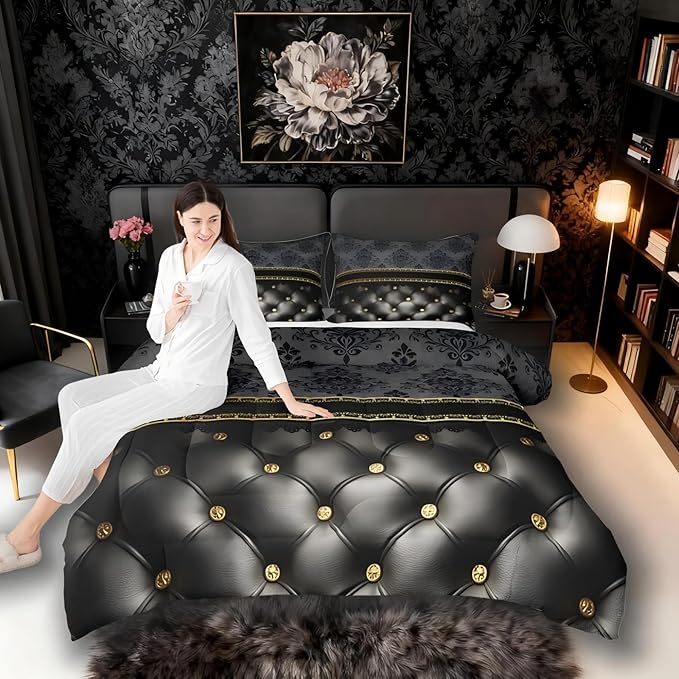 Black Damask Bed in a Bag Queen Comforter Set 7 Piece | Luxury Grey Golden Texture Pattern Bohemian Bedding Sets Antique Decor Gothic Vintage Floral Comforter and Sheet Set, Goth Victorian Bed Sets