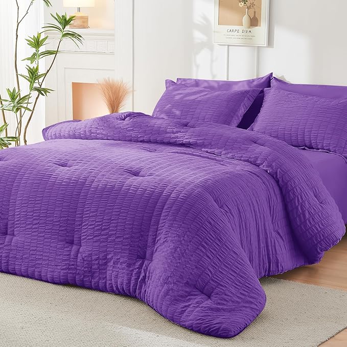 HYMOKEGE Dark Purple California King Comforter Set Seersucker 7 Pieces, All Season Luxury Bed in a Bag for Bedroom, Bedding Set with Comforter, Sheets, Pillowcases & Shams