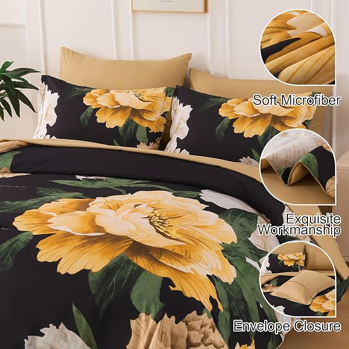 Dobuyly King Size Comforter Set 7 Piece Bed in a Bag, Yellow Brown Floral Printed on Black Comforter Set with Sheets, Soft Microfiber Botanical Boho Complete Bedding Set for All Season