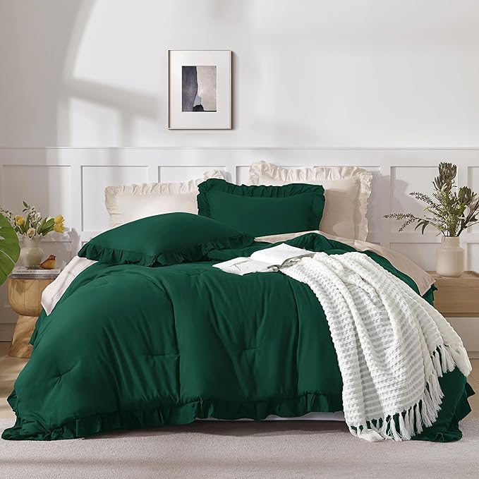 Andency King Dark Green - 3 Pieces Lightweight Ruffle Bedding Farmhouse Ruffle Bed Comforter Set, Lightweight and Soft Bedding Comforter for All Seasons