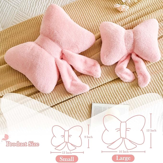 Bowknot Pillow Pink Cute Bow Decorative Throw Pillows 12" Aesthetic Home Decor Bow Cushions Butterfly Knot Plush Pillow for Bedroom Couch