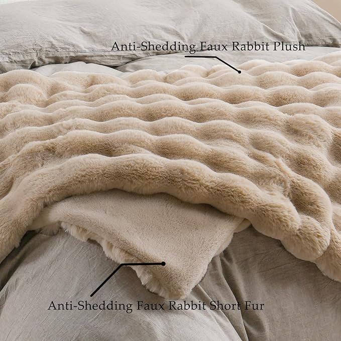 BENVWE Faux Fur Throw Blanket for Couch - Thickened Fluffy Soft Bubble Blanket for Living Room Home Decor - Fathers Day Birthday Gifts for Women Men, Beige, 50" x 60", 1300GSM