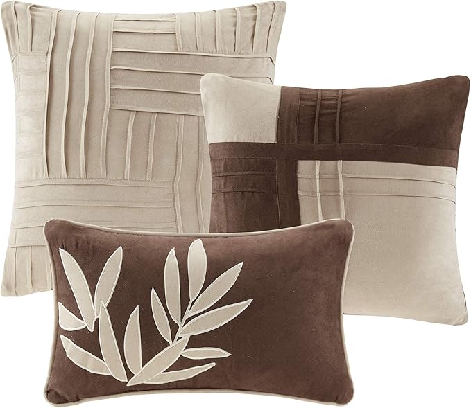 Madison Park Cozy Comforter Set Casual Blocks Design All Season, Matching Bed Skirt, Decorative Pillows, King(104"x92"), Dune Suede, Beige Brown, 7 Piece