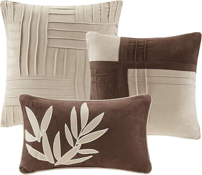 Madison Park Cozy Comforter Set Casual Blocks Design All Season, Matching Bed Skirt, Decorative Pillows, King(104"x92"), Dune Suede, Beige Brown, 7 Piece