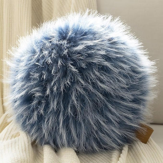Ashler Plush Round Pillows, Ball Throw Pillow with Handle, Faux Fur Luxury Soft Decorative Cushion, Modern Home Decor Fluffy Round Pillow for Sofa, Bed, Chair, Dark Blue, 12 x 12 inch