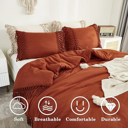Andency Burnt Orange Comforter Set California King, 3 Pieces Boho Cal King Tassel Lightweight Soft Bedding Comforter Sets, Oversized Bed Set (104x96In Comforter & 2 Pillowcases)