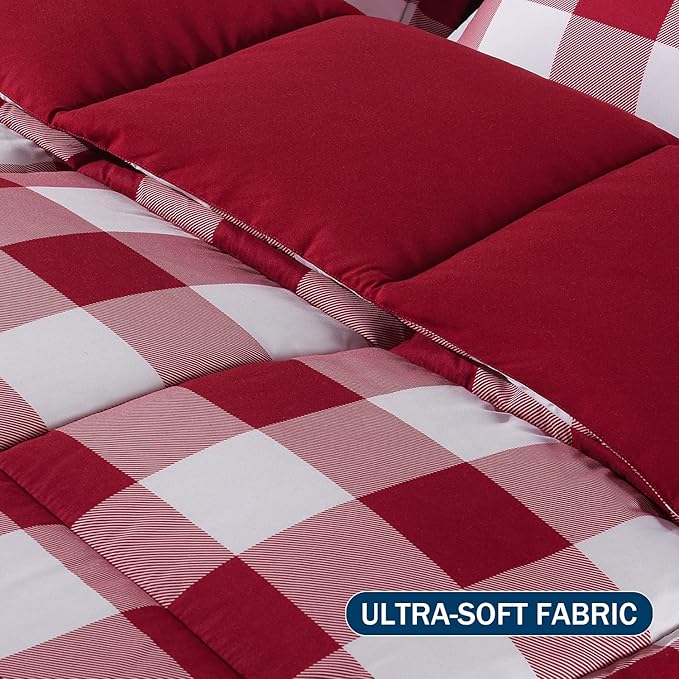 downluxe Lightweight Plaid Comforter Set (King) with 2 Pillow Shams - 3-Piece Set - Red/White Plaid - Down Alternative Reversible Comforter