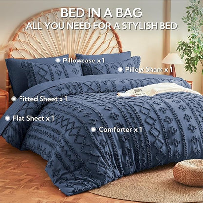 MR&HM Twin XL Comforter Set Navy Blue, 5 Pieces Tufted Boho Beddding Sets, Farmhouse Style Bed in a Bag with 1 Comforter, 1 Pillow Sham, 1 Pillowcase, 1 Flat Sheet, 1 Fitted Sheet for College Dorm